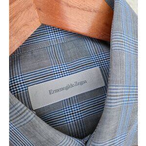 Ermenegildo Zegna Plaid Button-Down Shirt Blue Grey Men’s Luxury Designer Size M